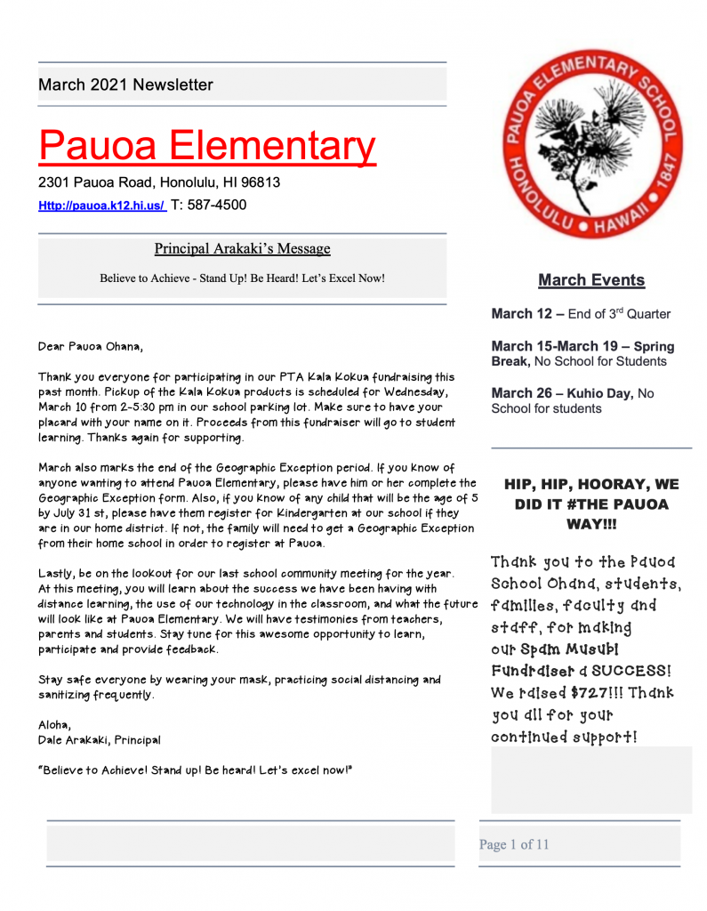 Pauoa March Newsletter