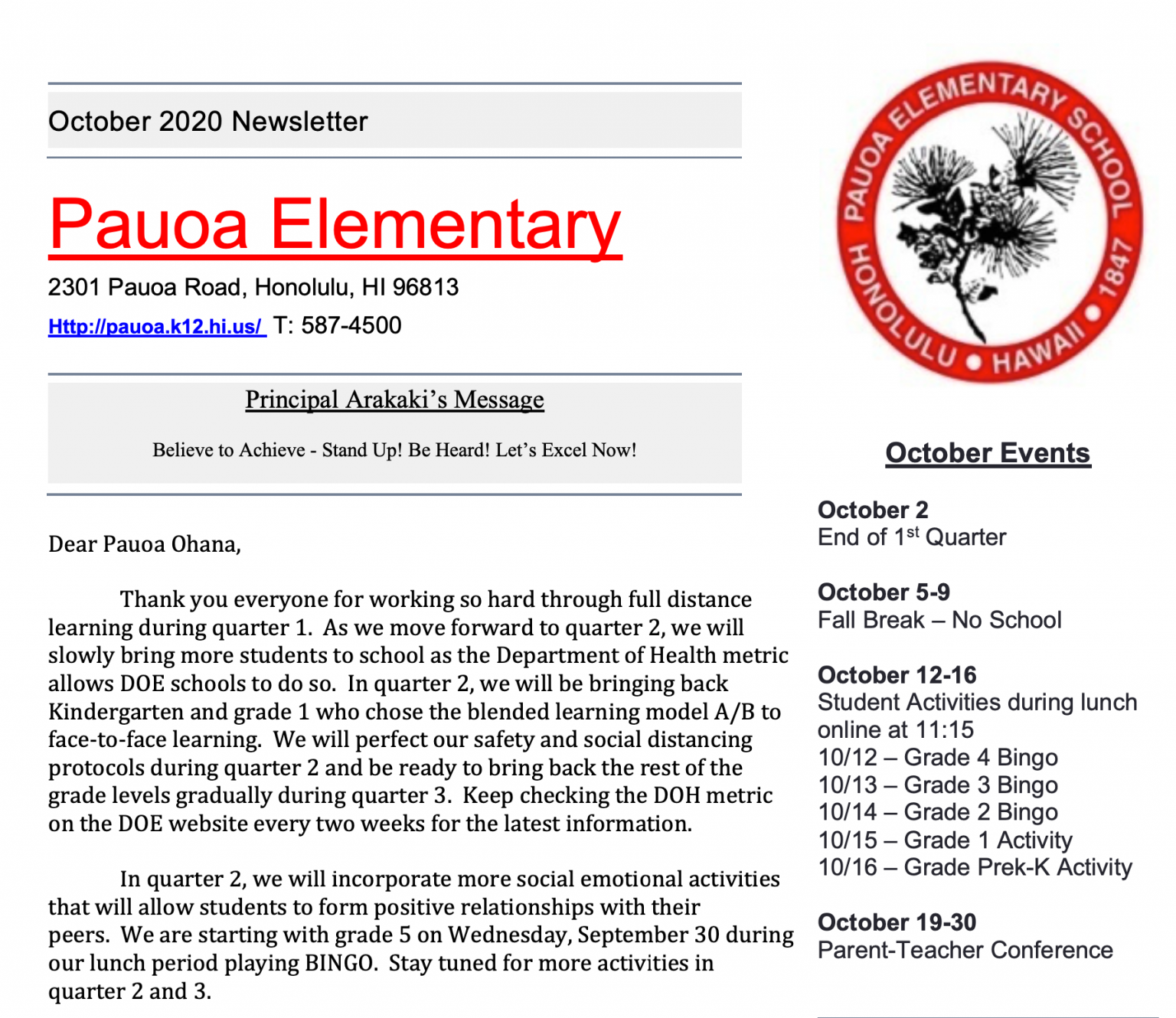 September 29, 2020 Pauoa Elementary School