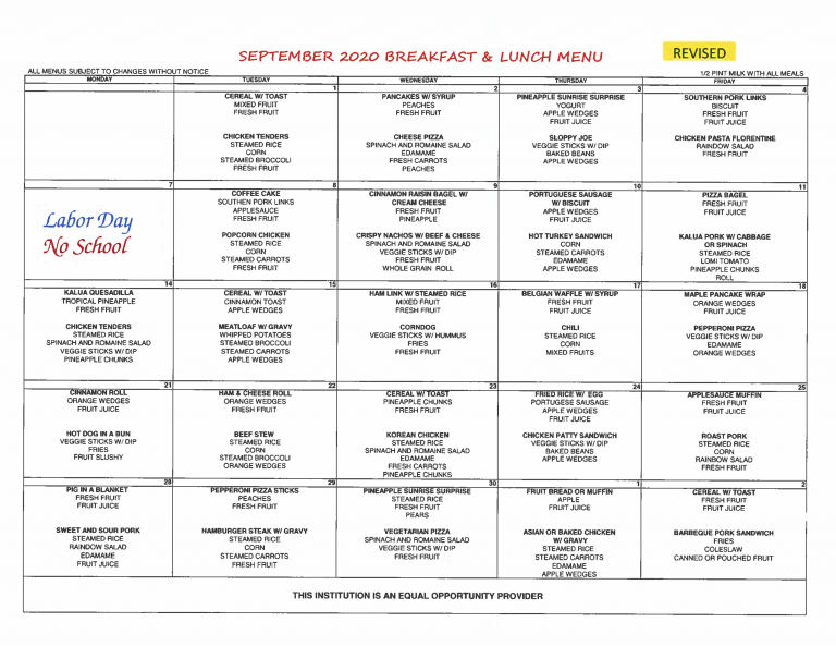 September 2020 Menu REVISED