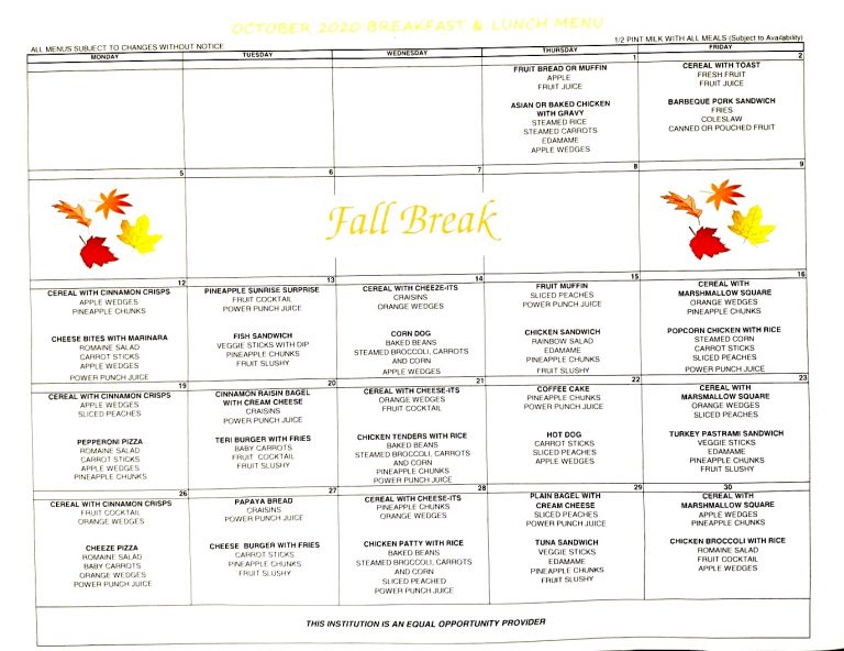 October 2020 Cafeteria Menu