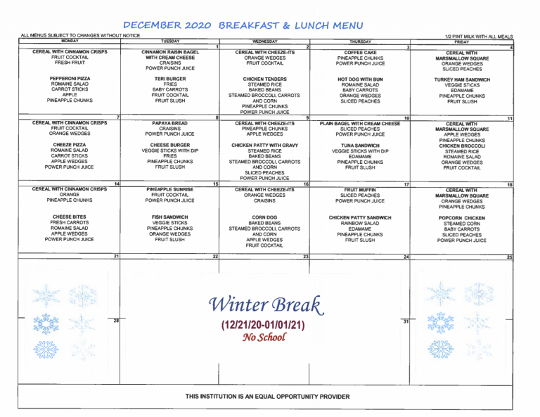 December 2020 Menu