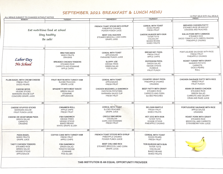 September 2021 Pauoa Cafeteria Menu