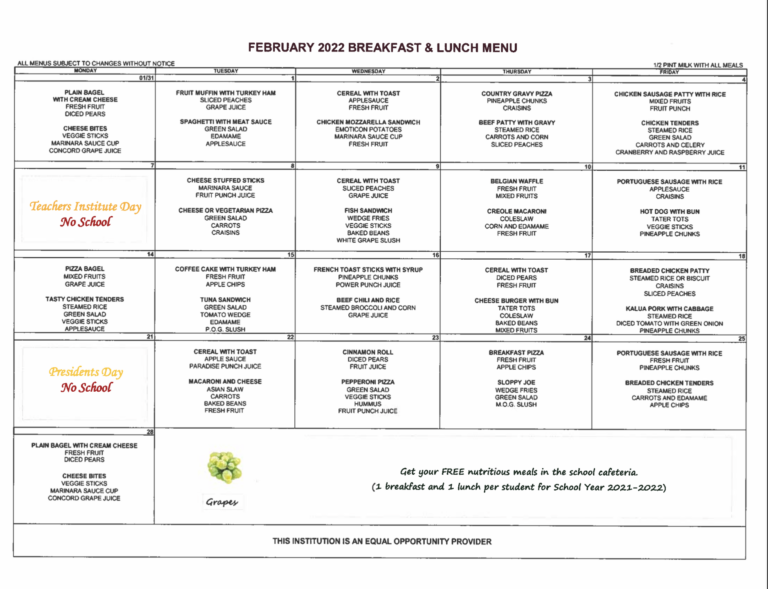 February Pauoa Cafeteria Menu