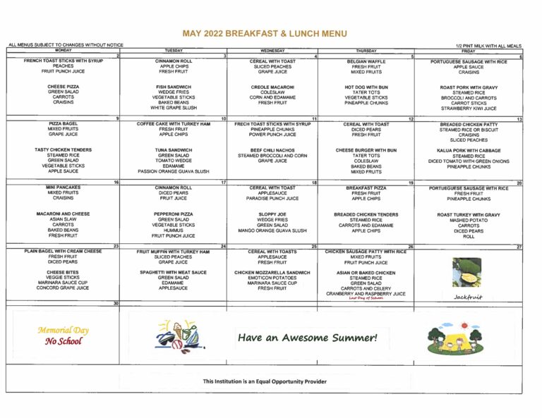 Pauoa May 2022 Cafeteria Menu