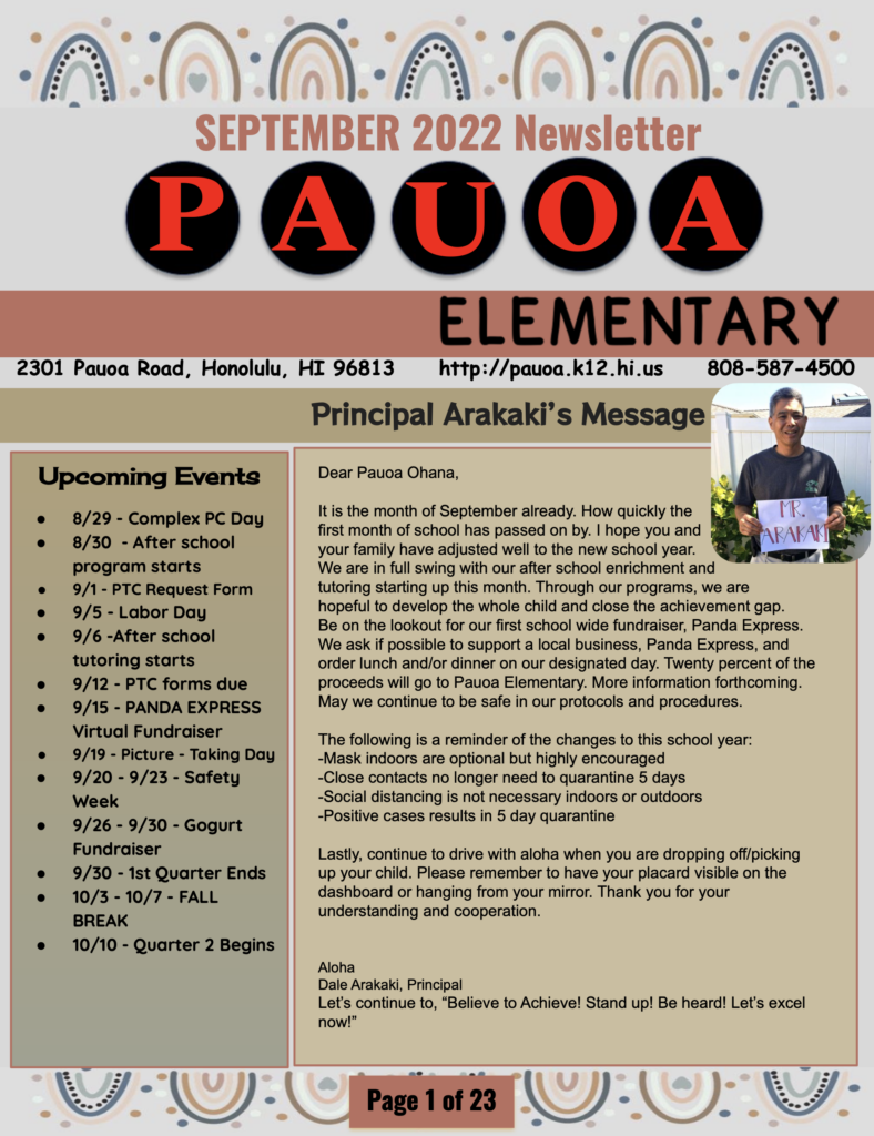 September 2022 Newsletter Front Page Pauoa