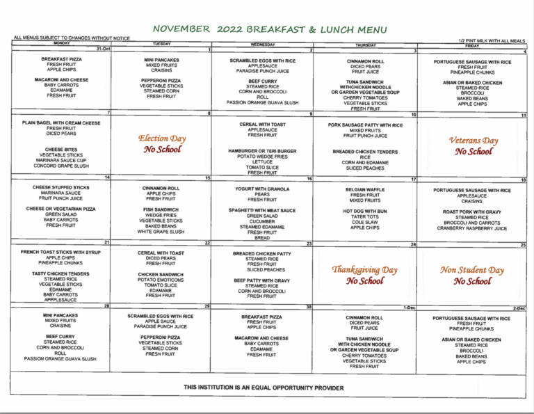 Pauoa November 2022 Cafeteria Menu