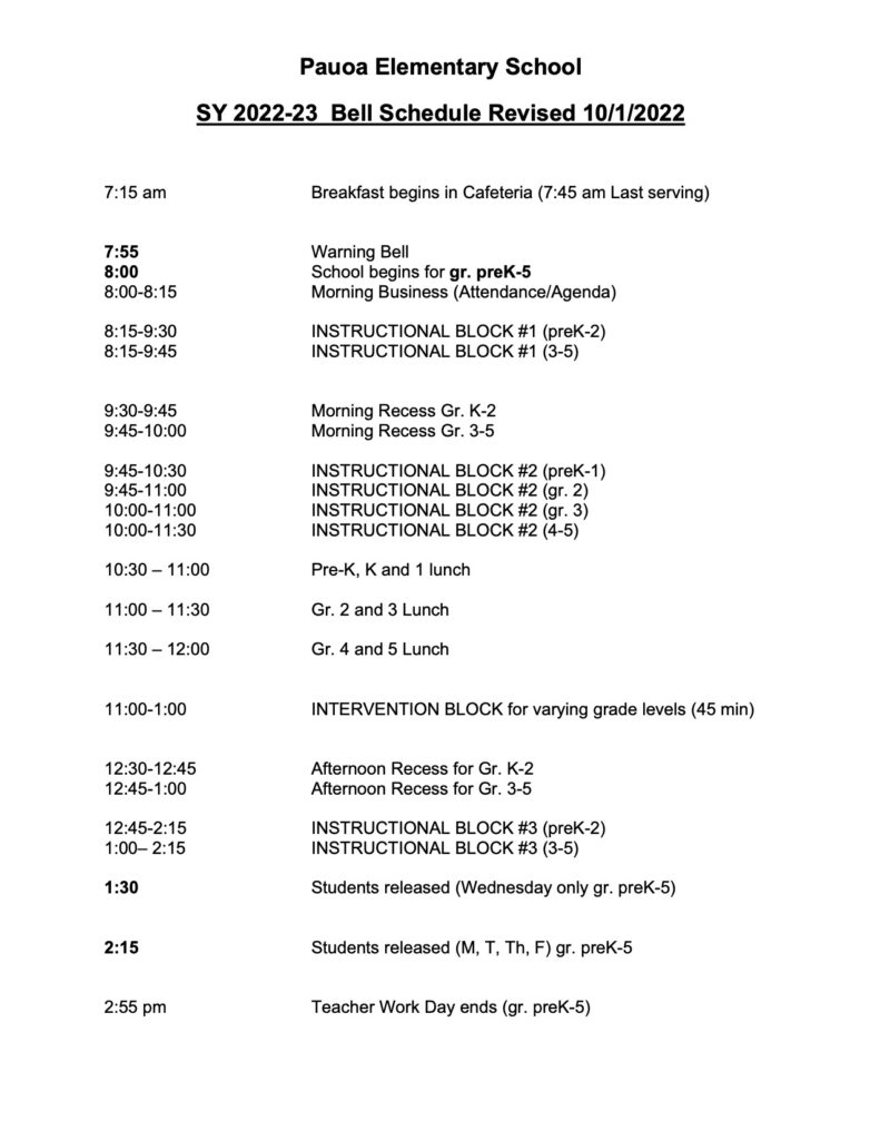 Pauoa SY 22 23 Revised Bell Schedule