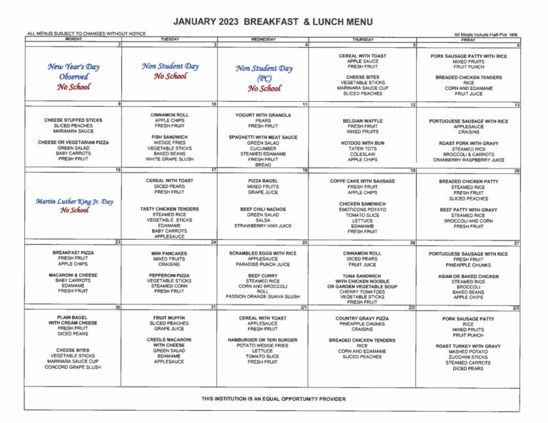 January 2023 Menu