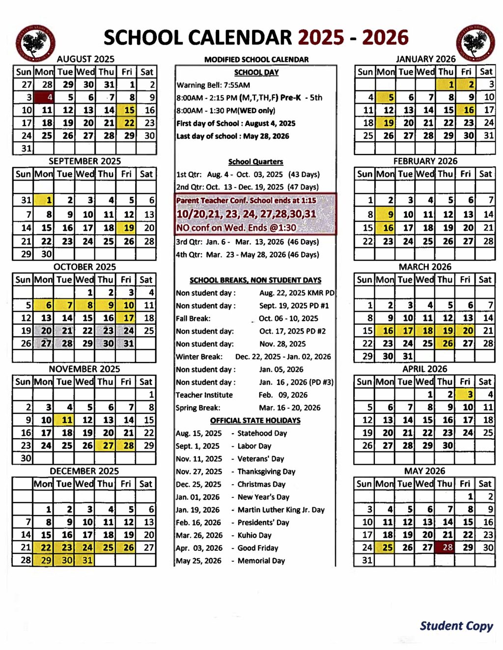 SY 2025 2026 Paoua School Calendar