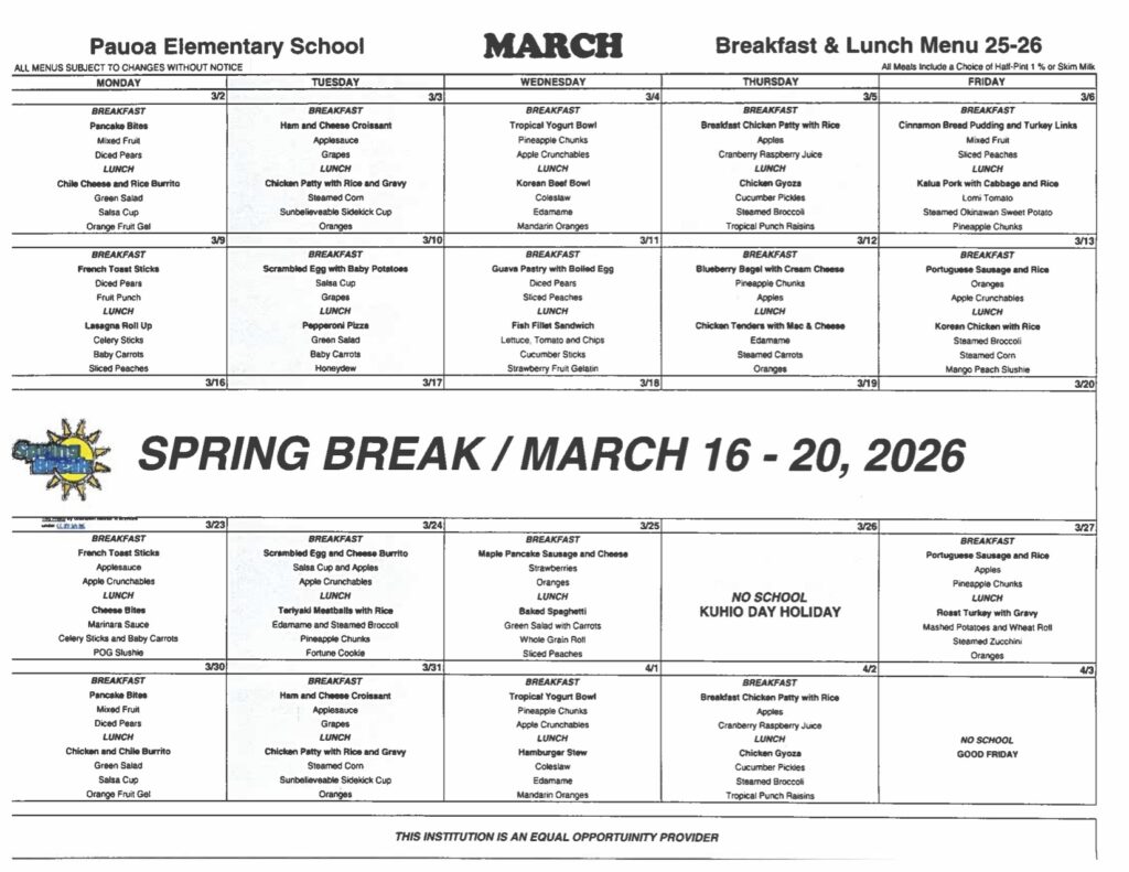 Pauoa Cafeteria Menu 3 26