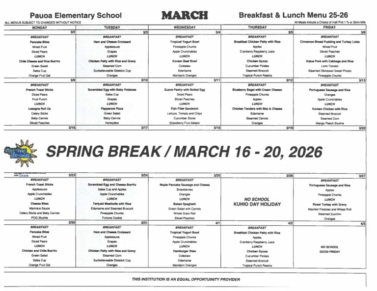 Pauoa Cafeteria Menu 3 26